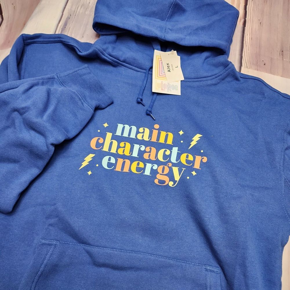 LuLa Roe Alex Pullover Hoodie Sweatshirt Blue Size L "Main Character Energy" NWT